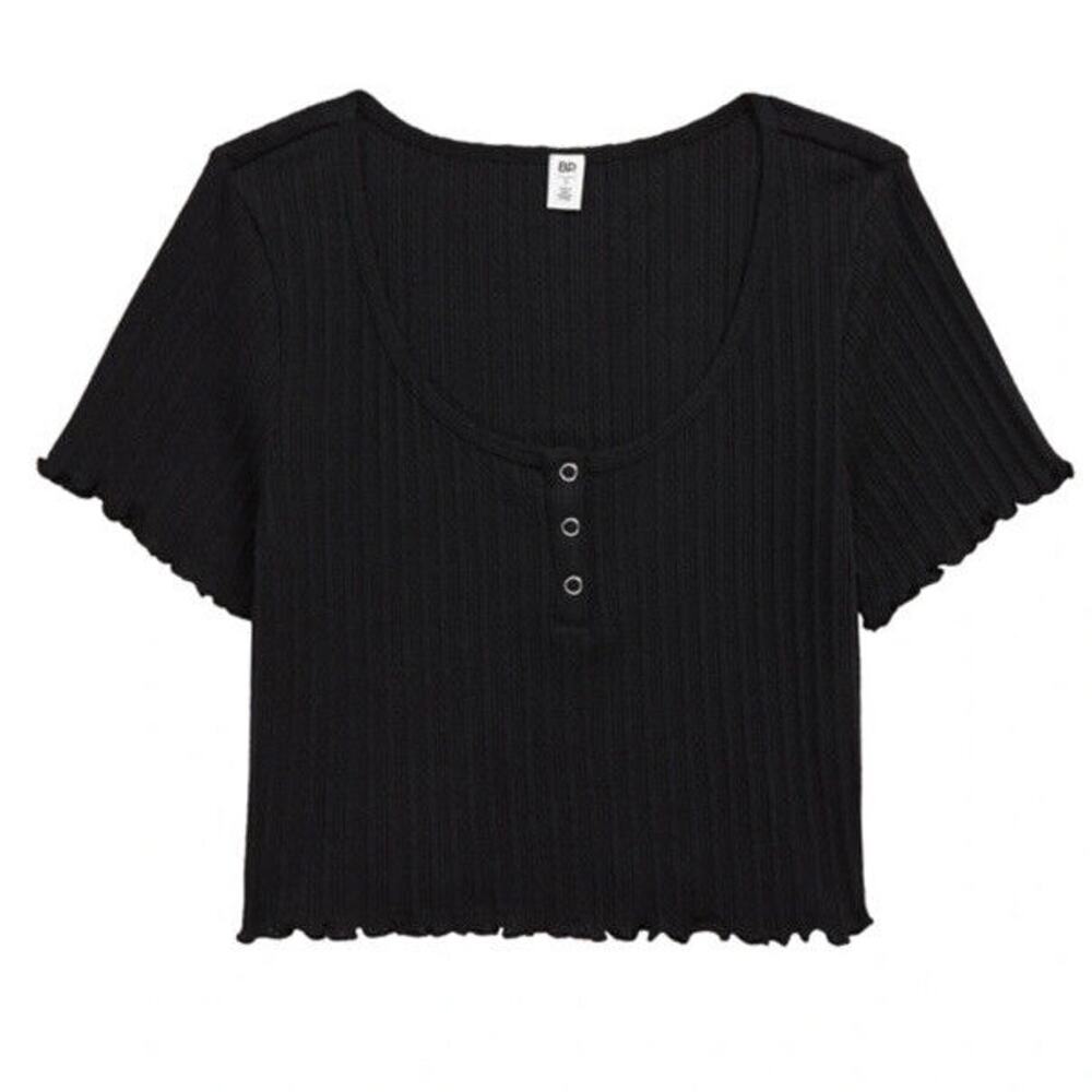 BP. Pointelle Rib Crop Henley Scoop Neckline Tee in Black